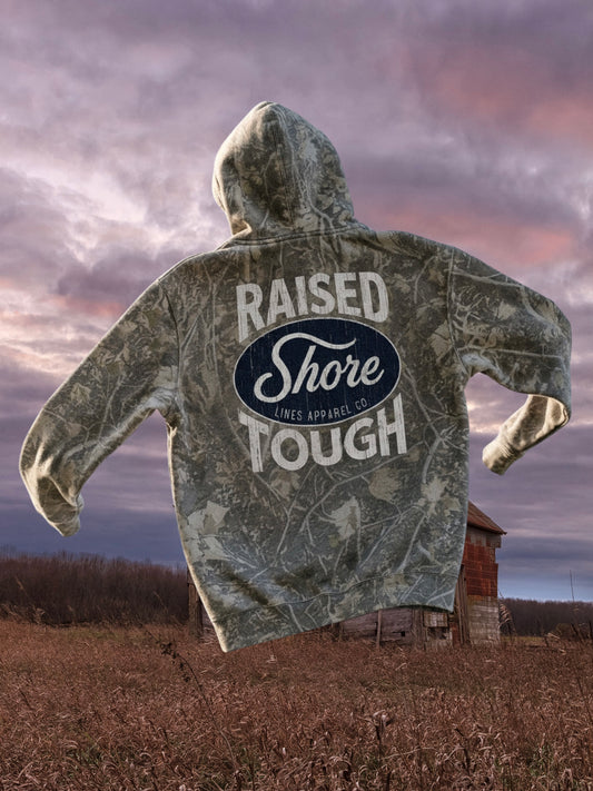 Raised Shore Tough Camo hoodie, Eastern Shore apparel by Shore Lines Apparel Co.