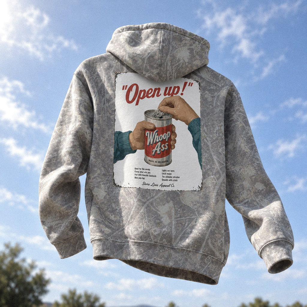 Whoop Ass Camo hoodie, Eastern Shore apparel by Shore Lines Apparel Co.