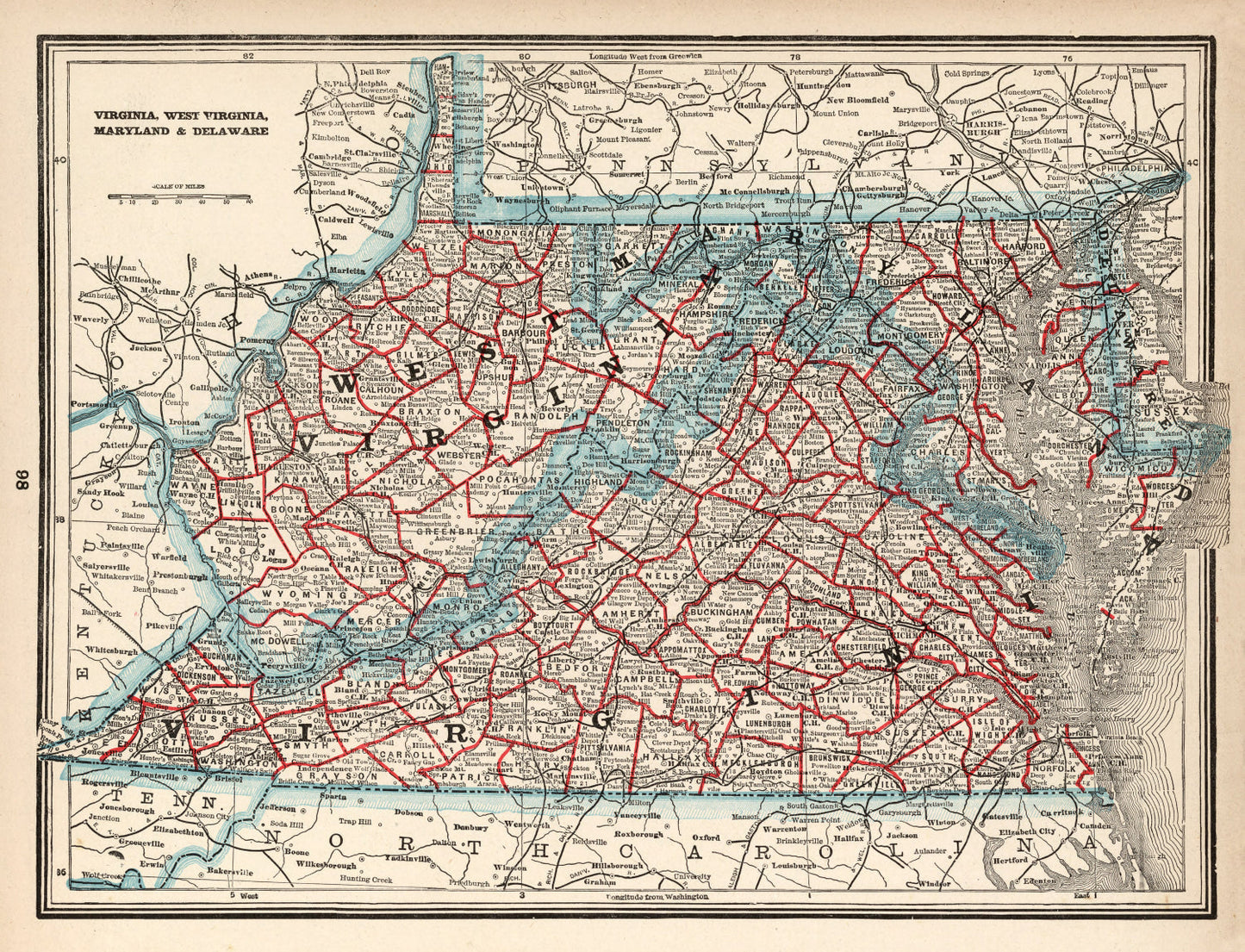 Vintage Map of Virginia, West Virginia, Maryland & Delaware 1893