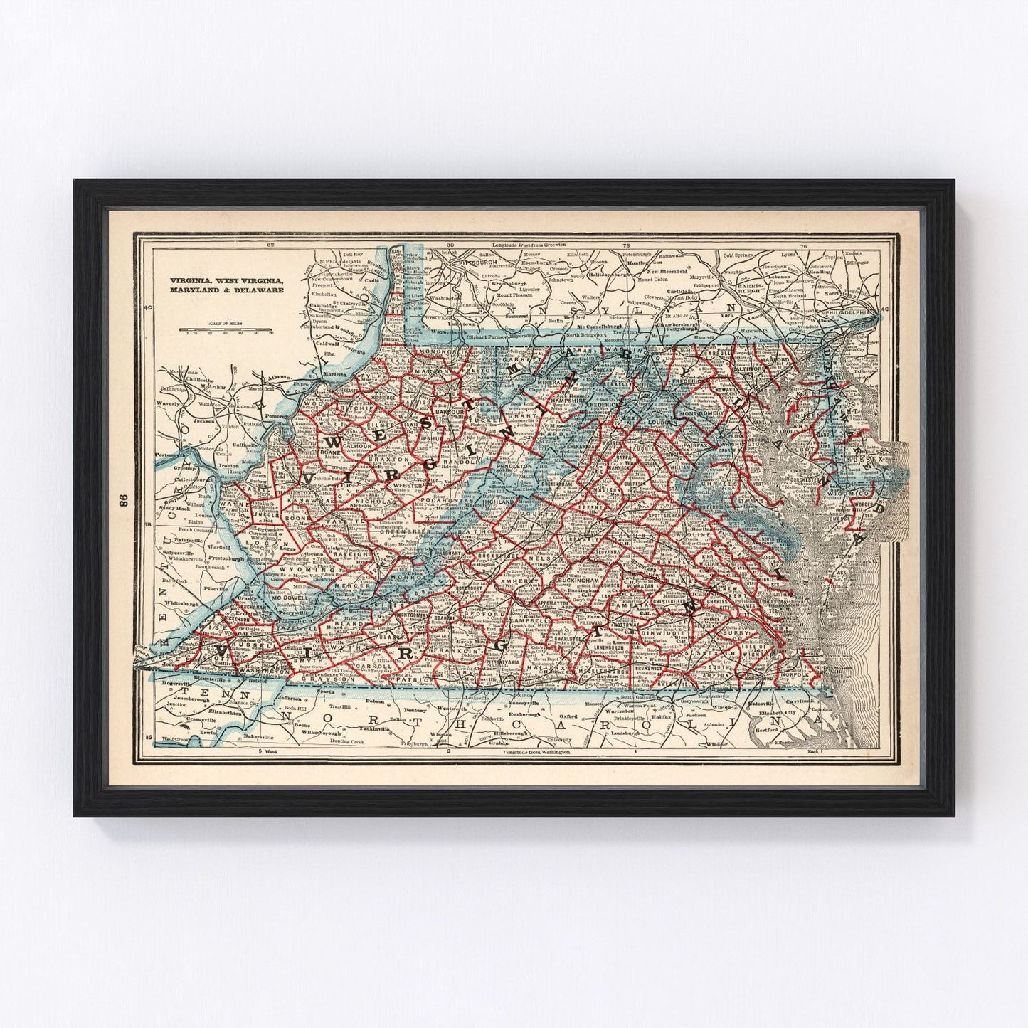 Vintage Map of Virginia, West Virginia, Maryland & Delaware 1893