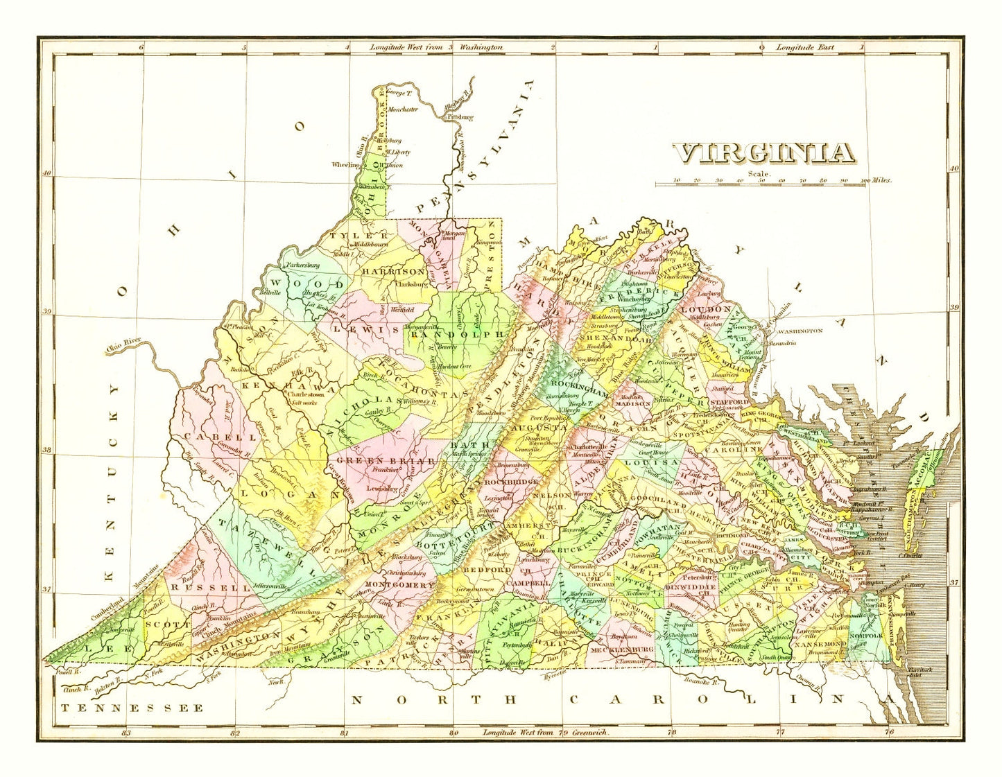 Vintage Map of Virginia 1824