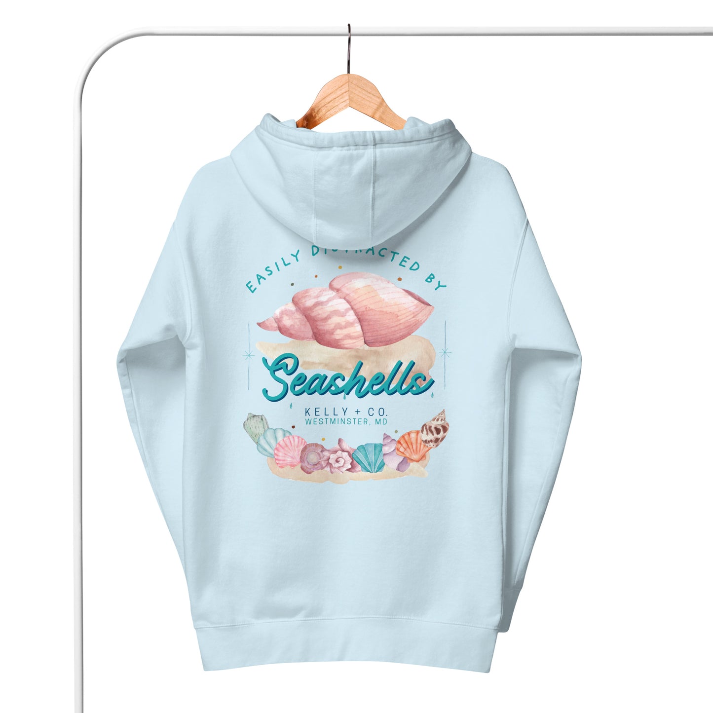 Easily Distracted by Seashells | Collab Hoodie-skyblue-Shore Lines Apparel Co.