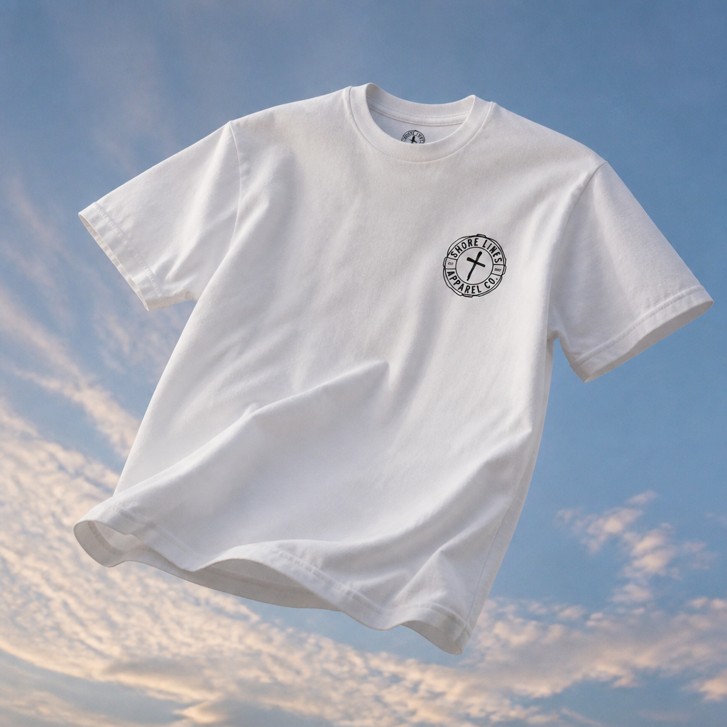 Shore Lines Faith Collection - white tee with cross logo flying against the sky