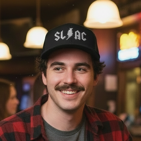 Man in a bar wearing a red plaid shirt and cap, holding a drink.