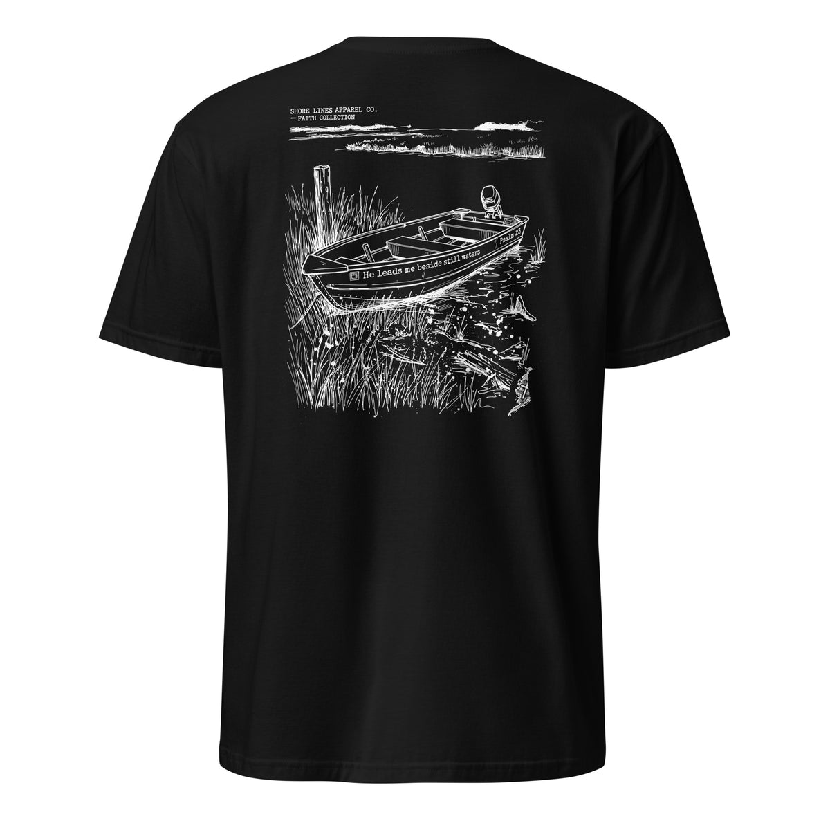 Still Waters short sleeve tee in Black, back view by Shore Lines Apparel Co.