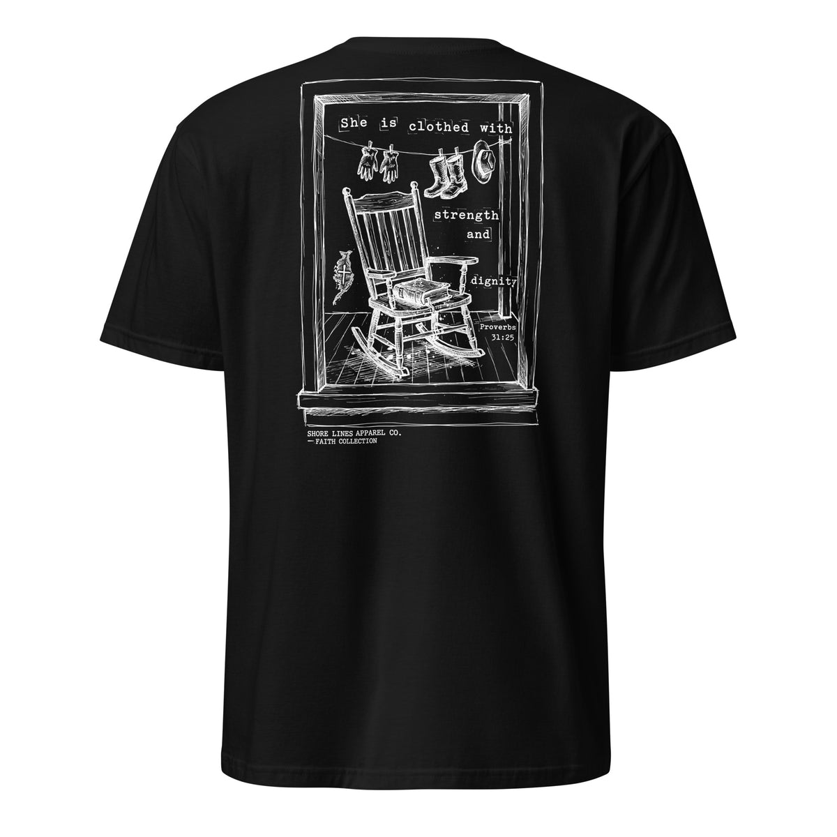She is Clothed With Strength short sleeve tee in Black, back view by Shore Lines Apparel Co.