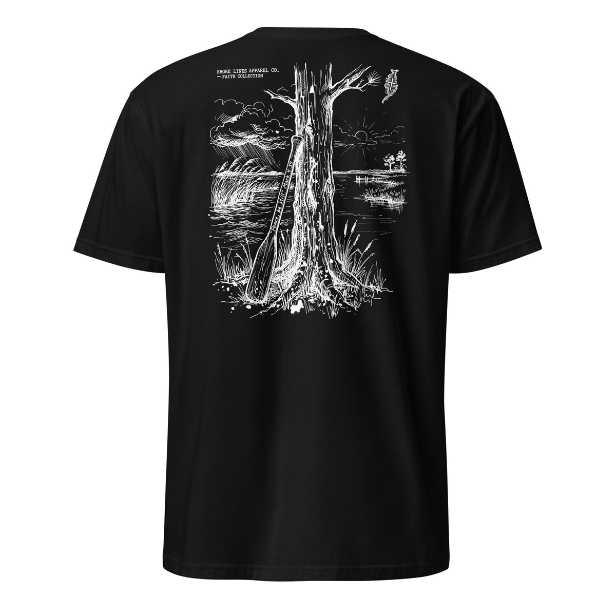 Be Still short sleeve tee in Black, back view by Shore Lines Apparel Co.