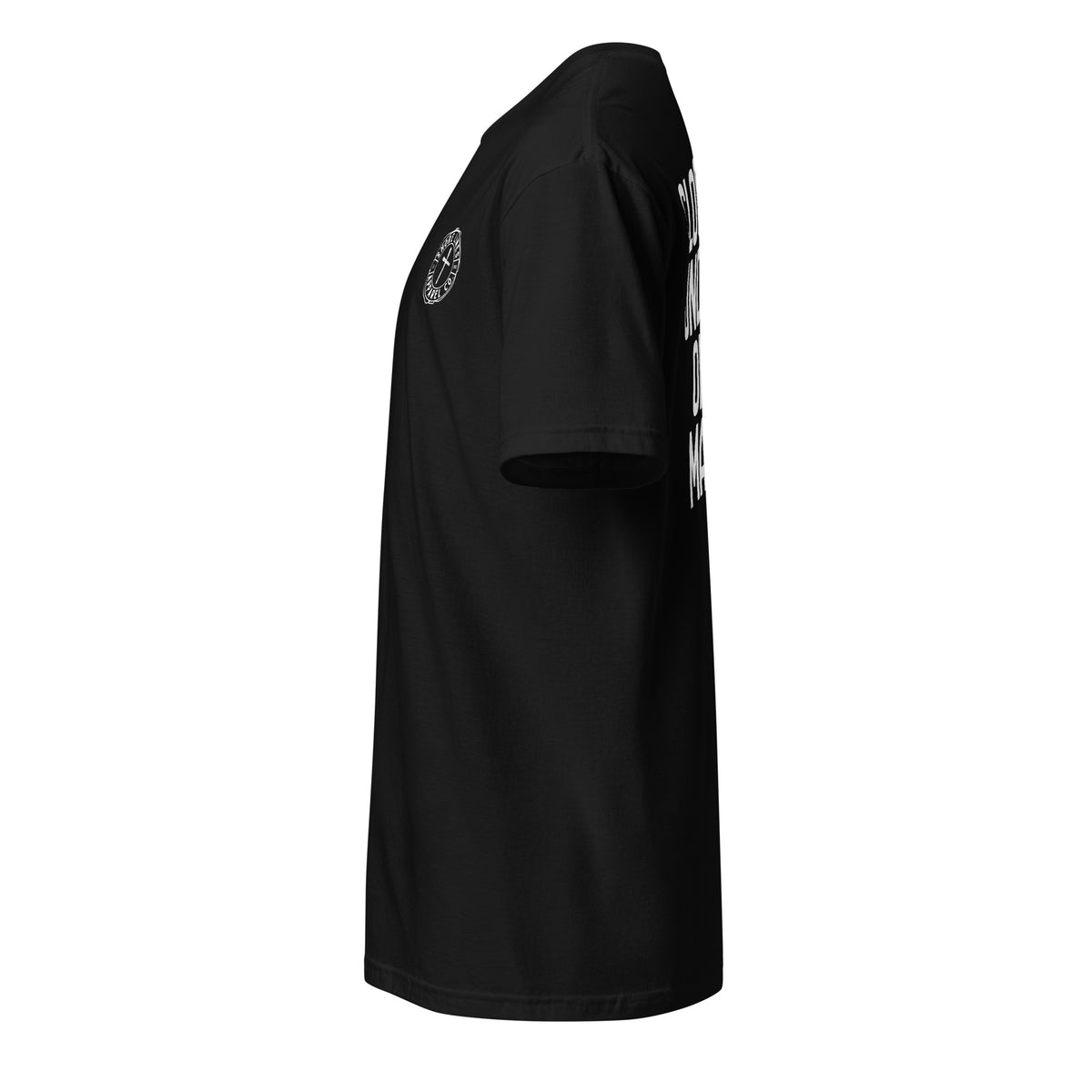 Clock in short sleeve tee in Black, side view by Shore Lines Apparel Co.
