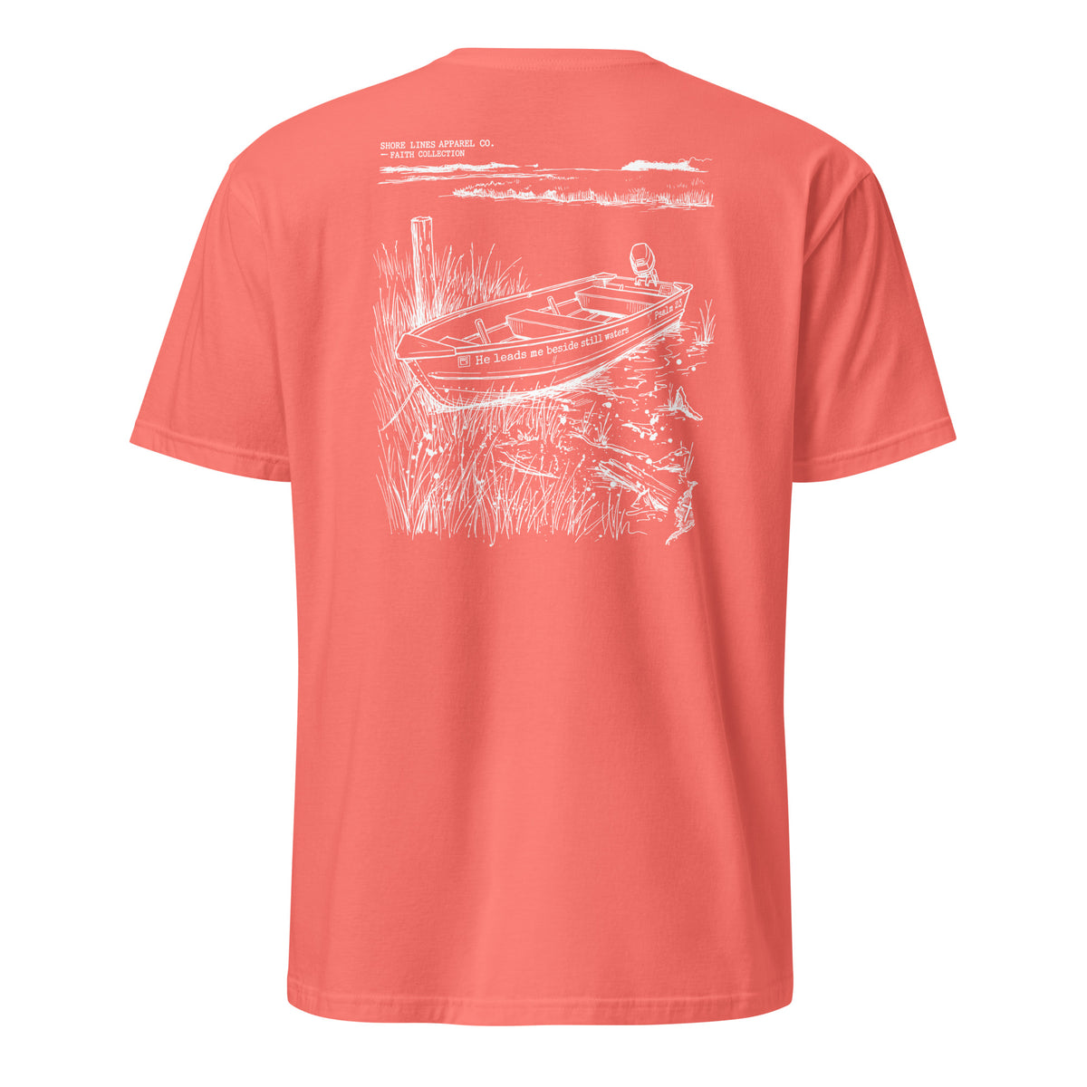 Still Waters short sleeve tee in Coral Silk, back view by Shore Lines Apparel Co.