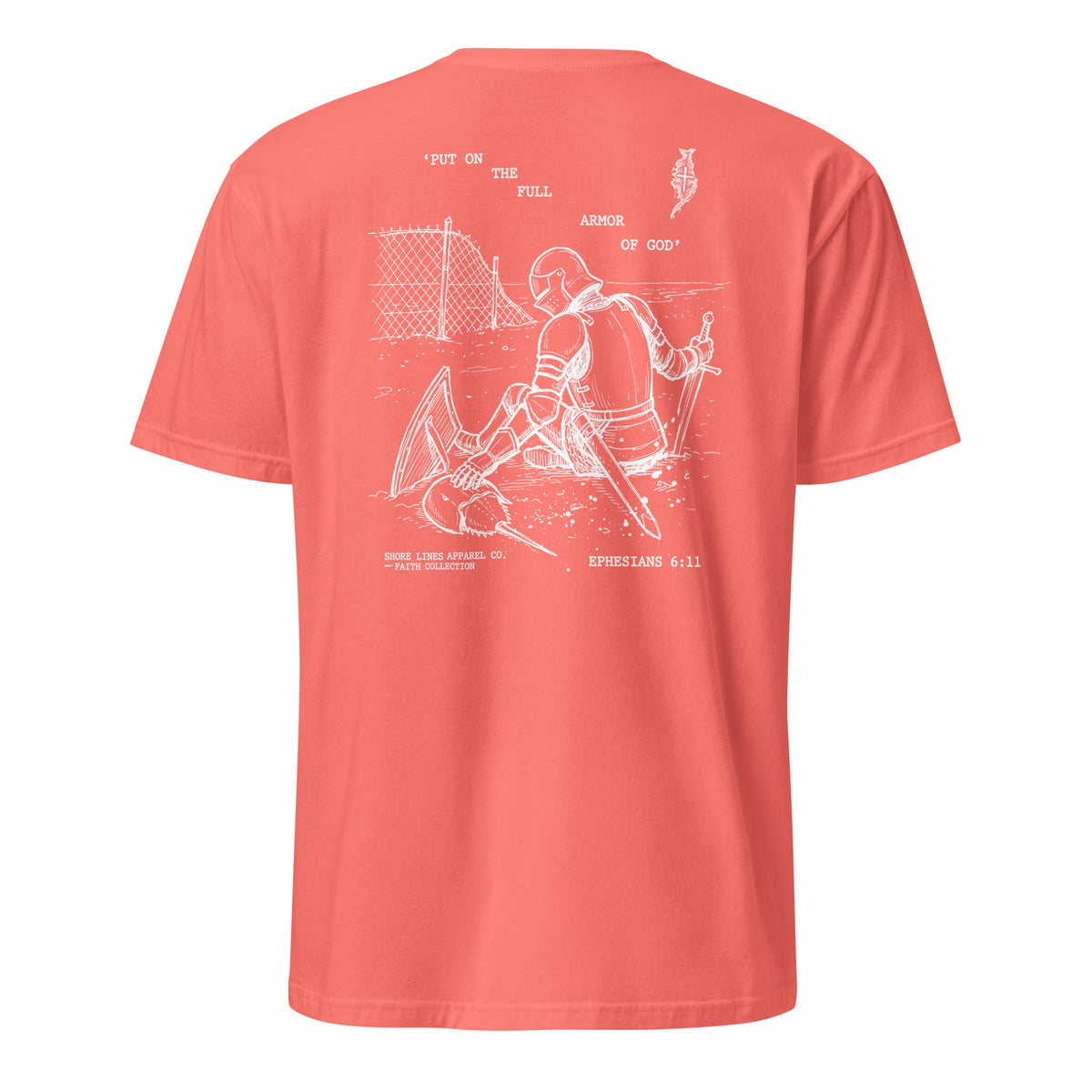 Full Armor short sleeve tee in Coral Silk, back view by Shore Lines Apparel Co.