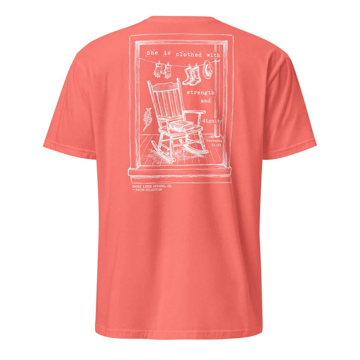 She is Clothed With Strength short sleeve tee in Coral Silk, back view by Shore Lines Apparel Co.