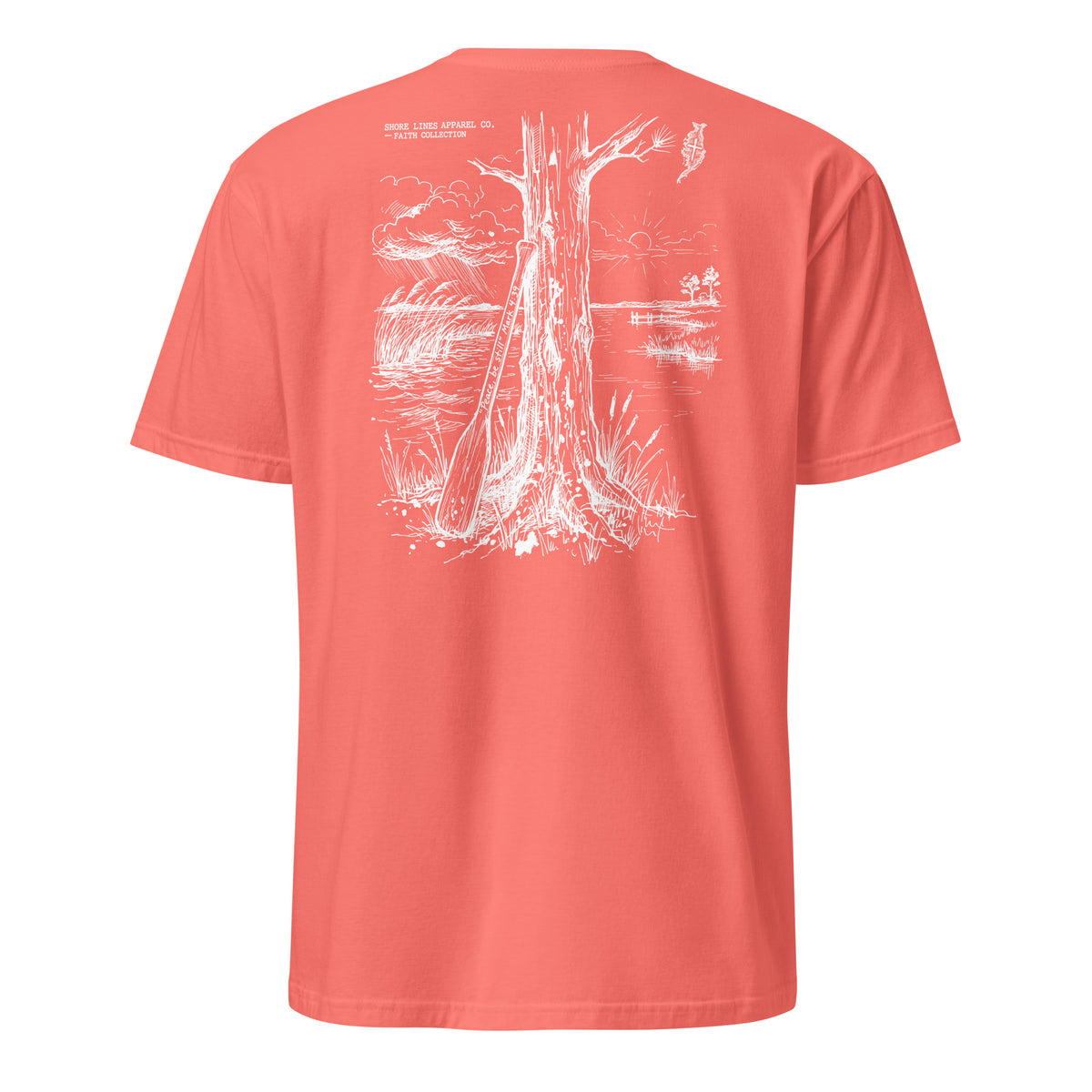 Be Still short sleeve tee in Coral Silk, back view by Shore Lines Apparel Co.