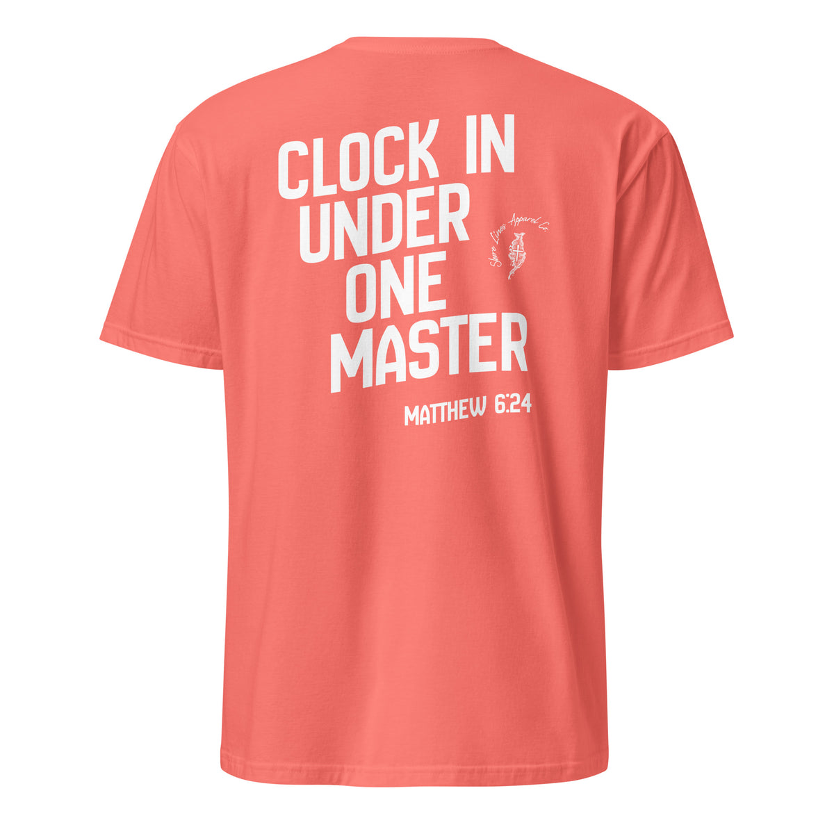 Clock in short sleeve tee in Coral Silk, back view by Shore Lines Apparel Co.