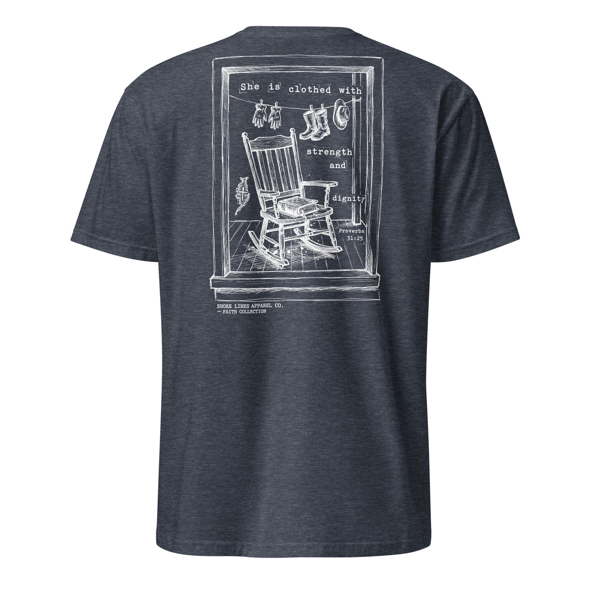 She is Clothed With Strength short sleeve tee in Heather Navy, back view by Shore Lines Apparel Co.