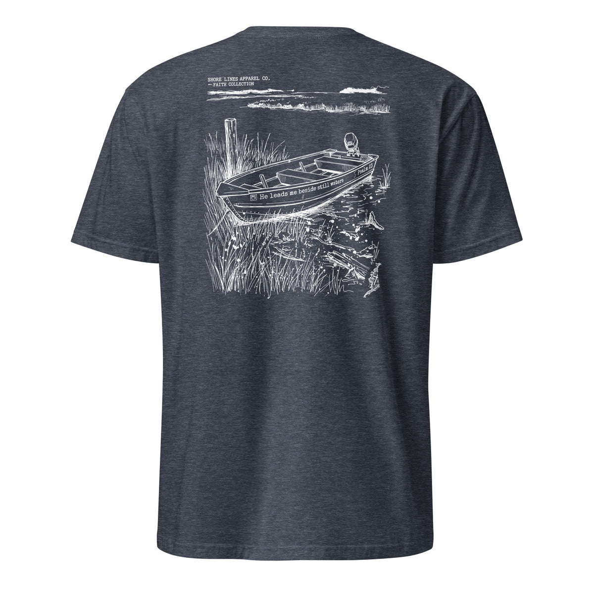 Still Waters short sleeve tee in Heather Navy, back view by Shore Lines Apparel Co.