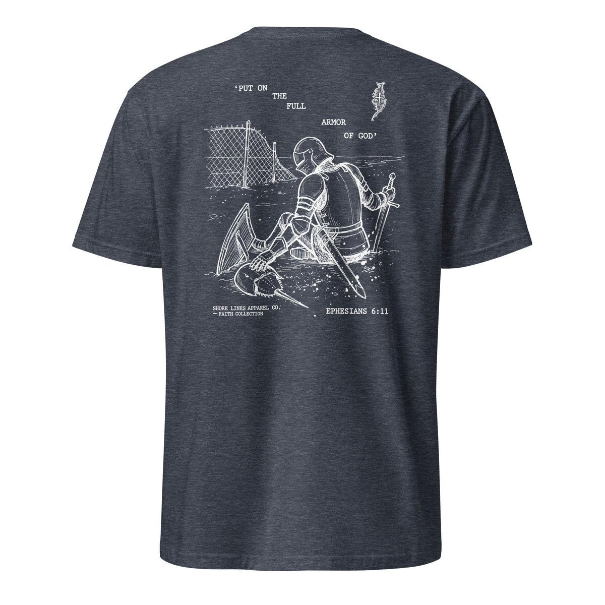 Full Armor short sleeve tee in Heather Navy, back view by Shore Lines Apparel Co.