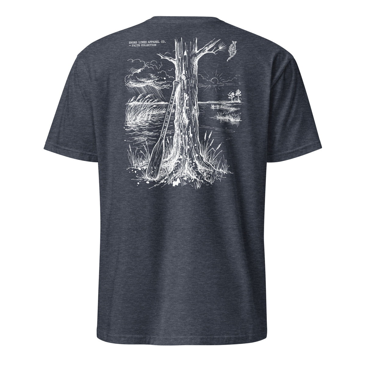 Be Still short sleeve tee in Heather Navy, back view by Shore Lines Apparel Co.