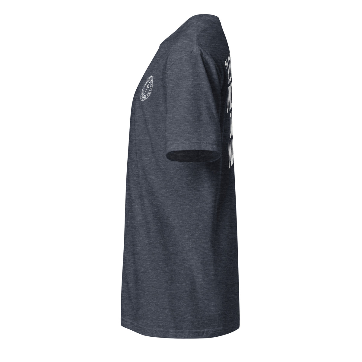 Clock in short sleeve tee in Heather Navy, side view by Shore Lines Apparel Co.