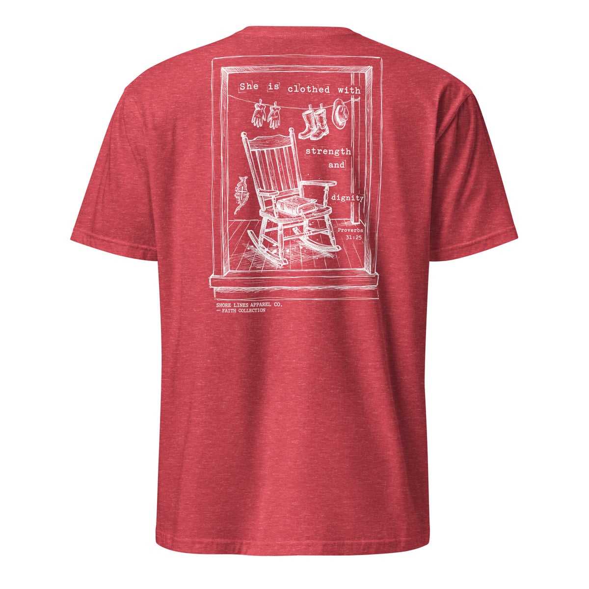 She is Clothed With Strength short sleeve tee in Heather Red, back view by Shore Lines Apparel Co.
