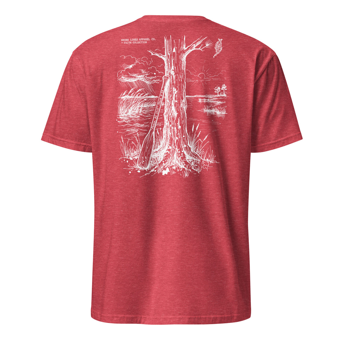 Be Still short sleeve tee in Heather Red, back view by Shore Lines Apparel Co.