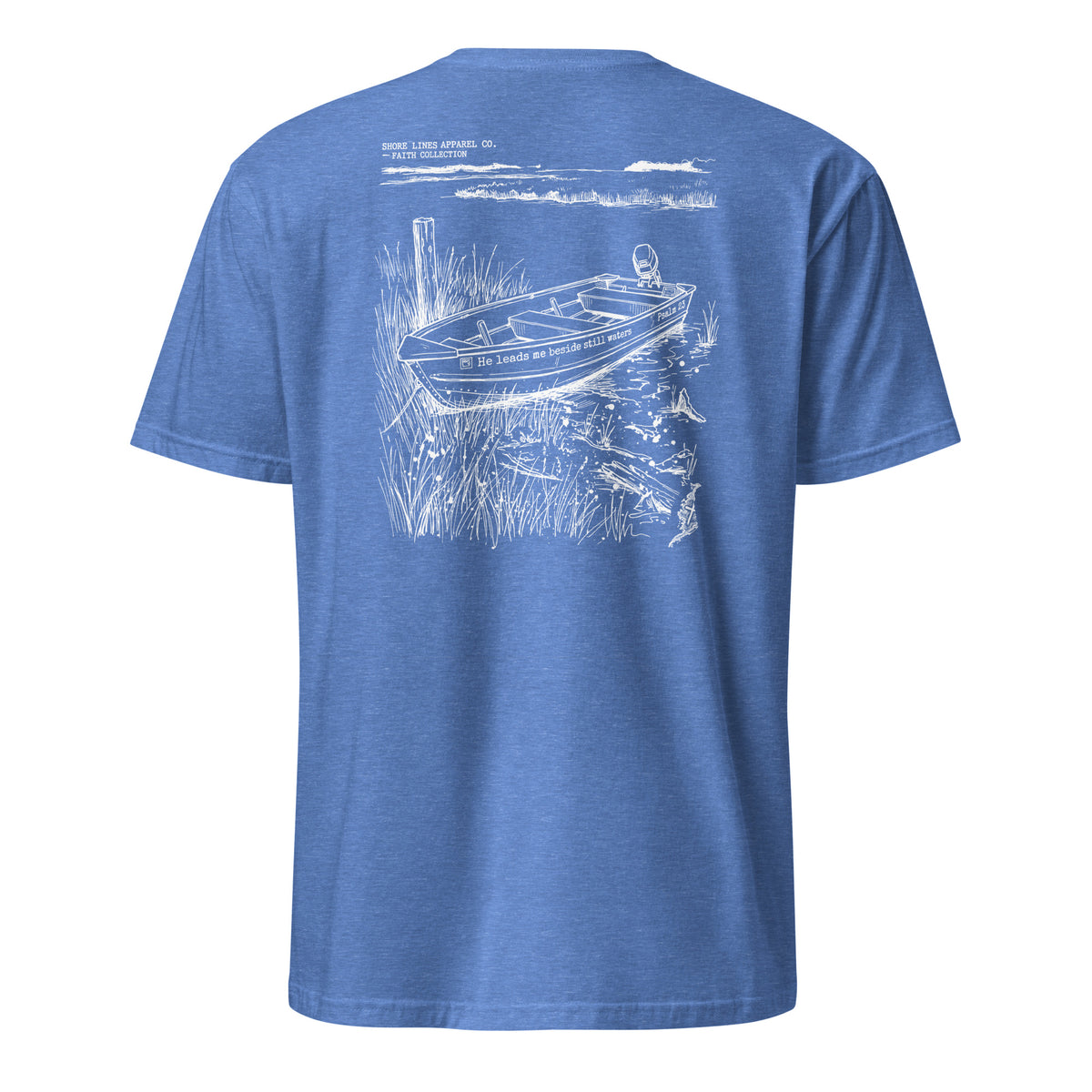 Still Waters short sleeve tee in Heather Royal, back view by Shore Lines Apparel Co.