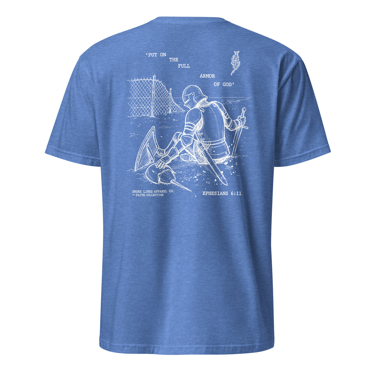 Full Armor short sleeve tee in Heather Royal, back view by Shore Lines Apparel Co.