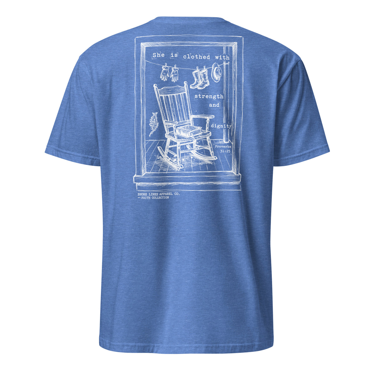She is Clothed With Strength short sleeve tee in Heather Royal, back view by Shore Lines Apparel Co.