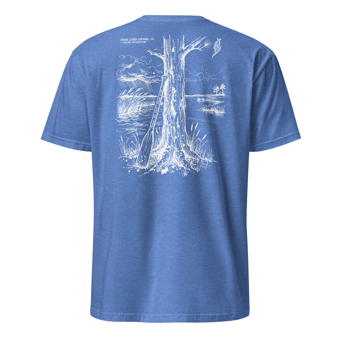 Be Still short sleeve tee in Heather Royal, back view by Shore Lines Apparel Co.