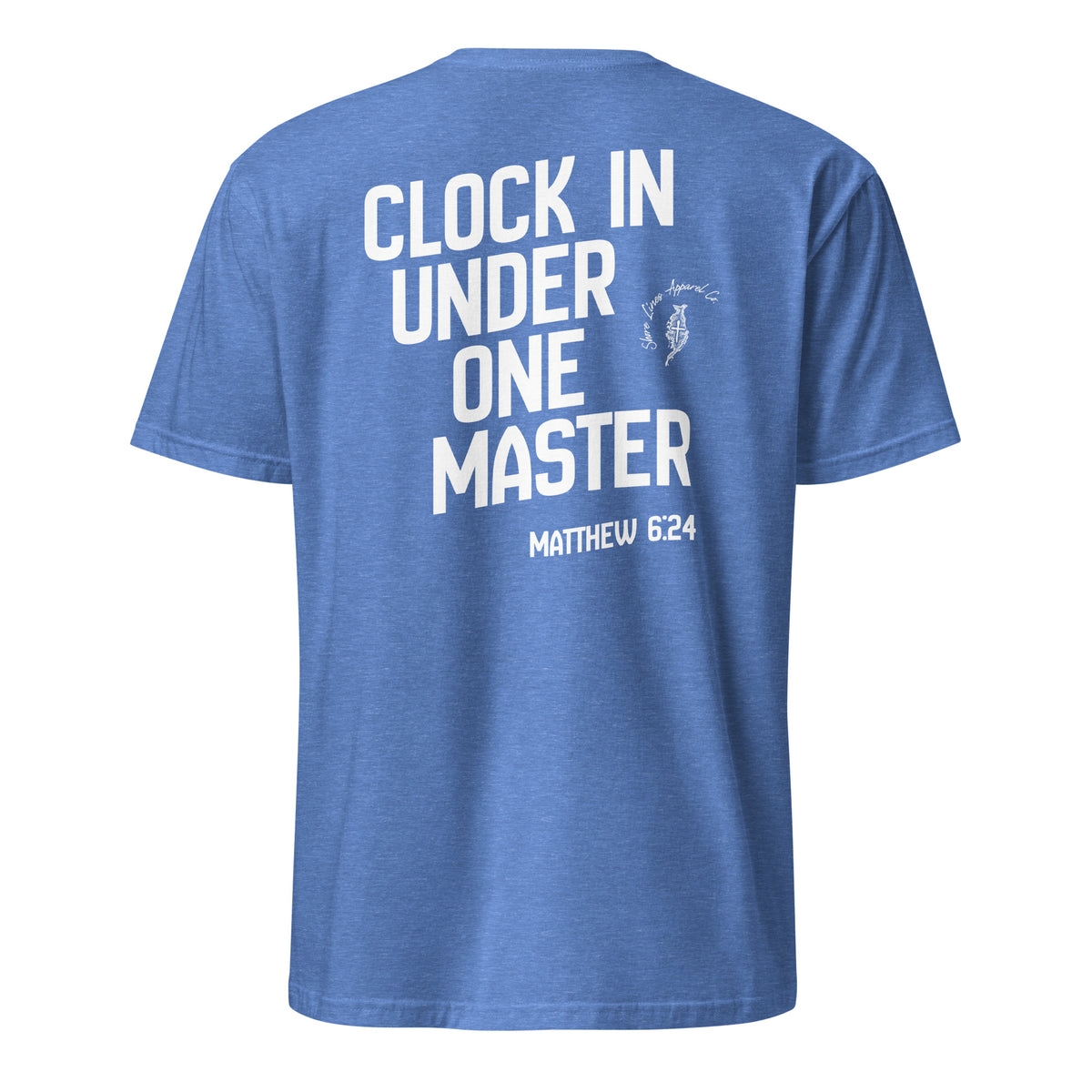 Clock in short sleeve tee in Heather Royal, back view by Shore Lines Apparel Co.