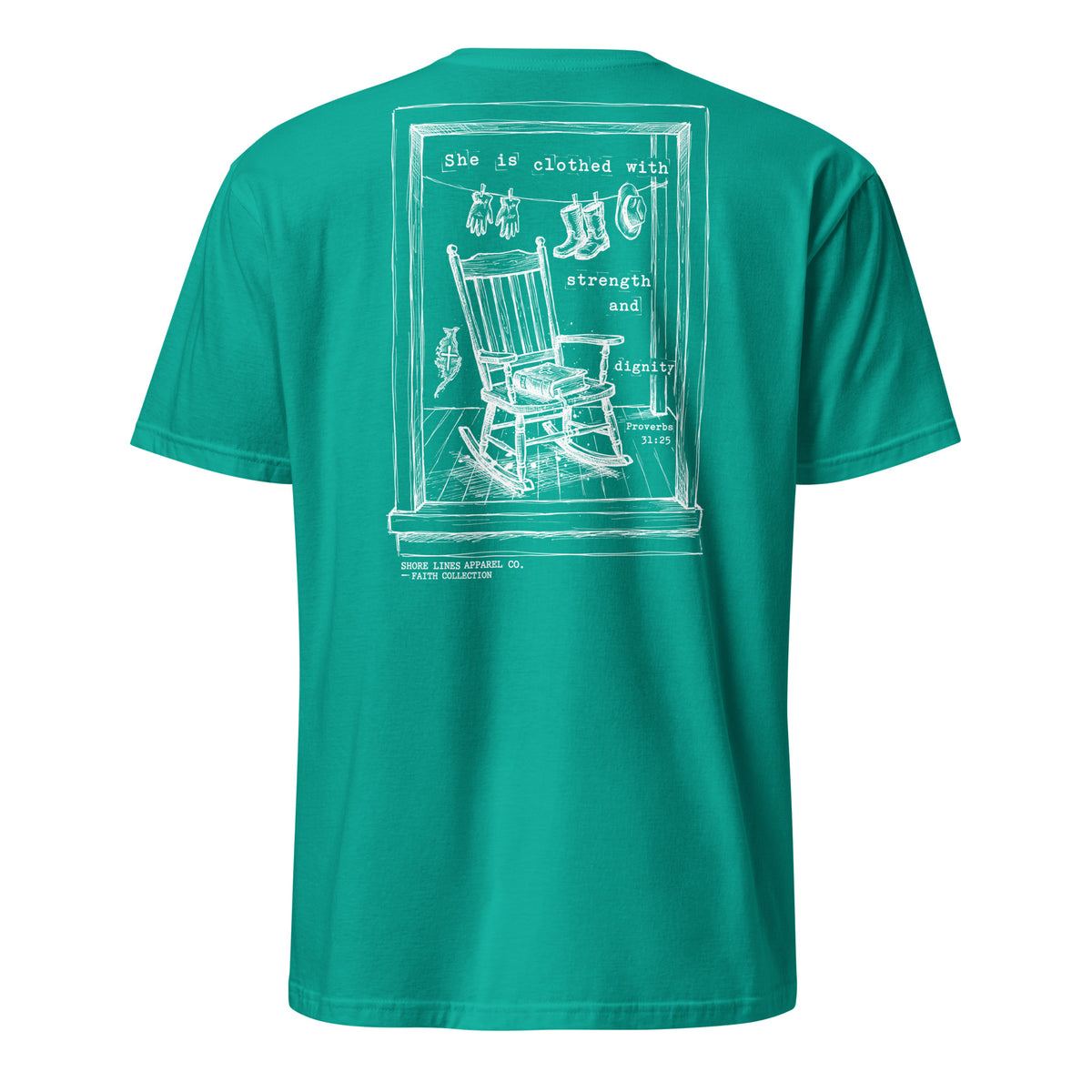 She is Clothed With Strength short sleeve tee in Jade Dome, back view by Shore Lines Apparel Co.