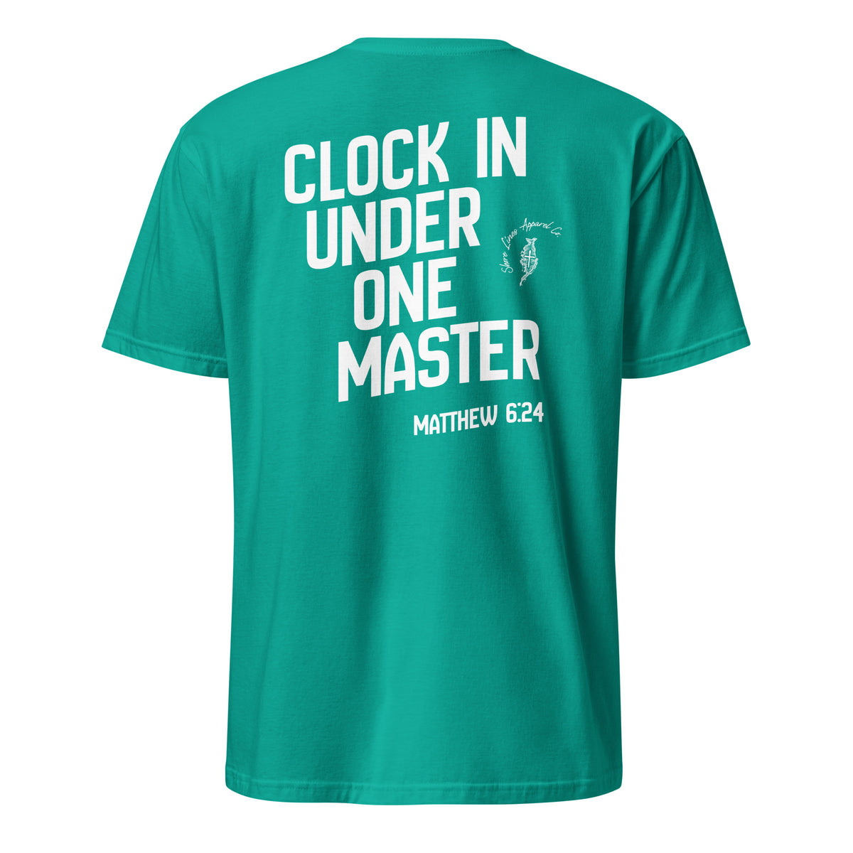 Clock in short sleeve tee in Jade Dome, back view by Shore Lines Apparel Co.