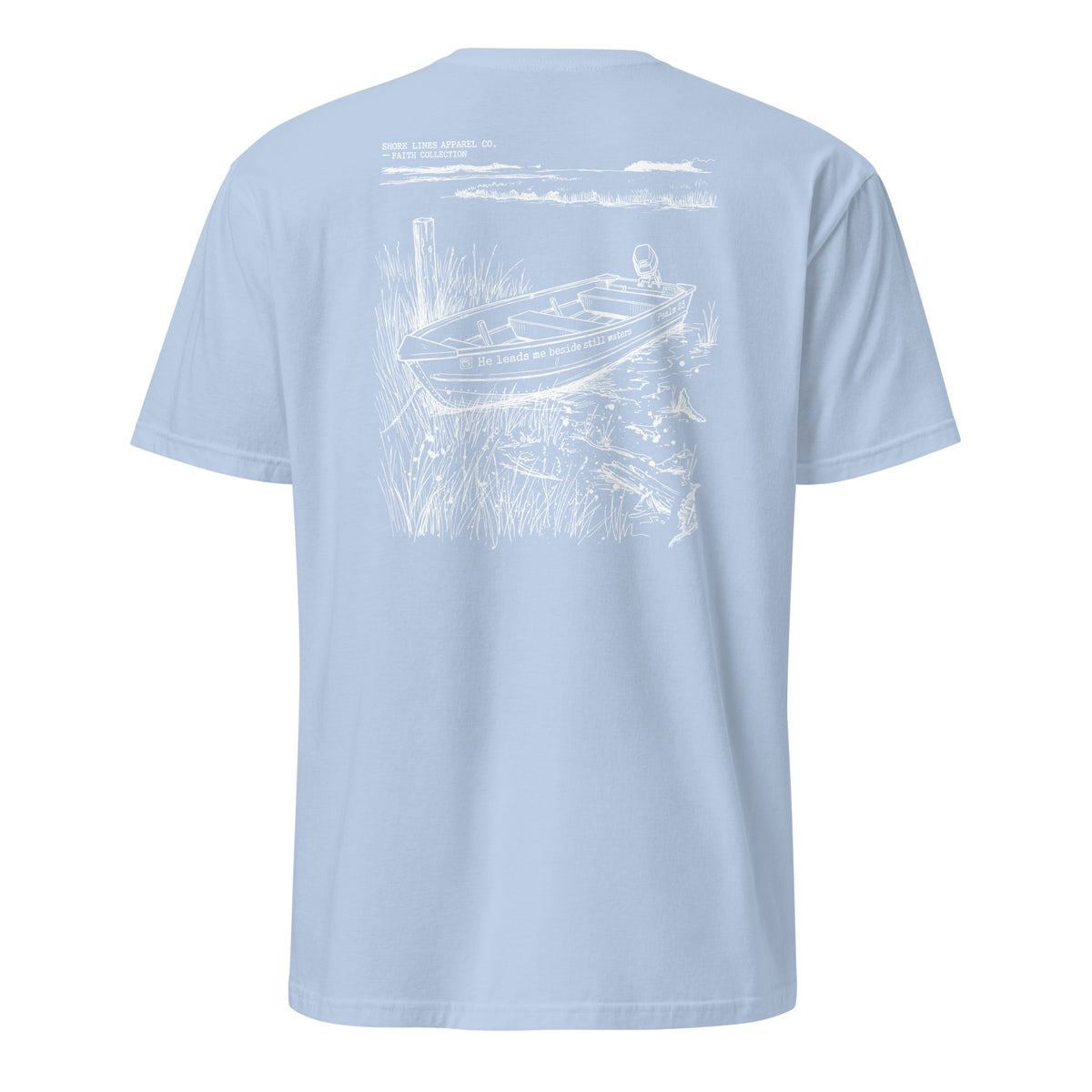 Still Waters short sleeve tee in Light Blue, back view by Shore Lines Apparel Co.