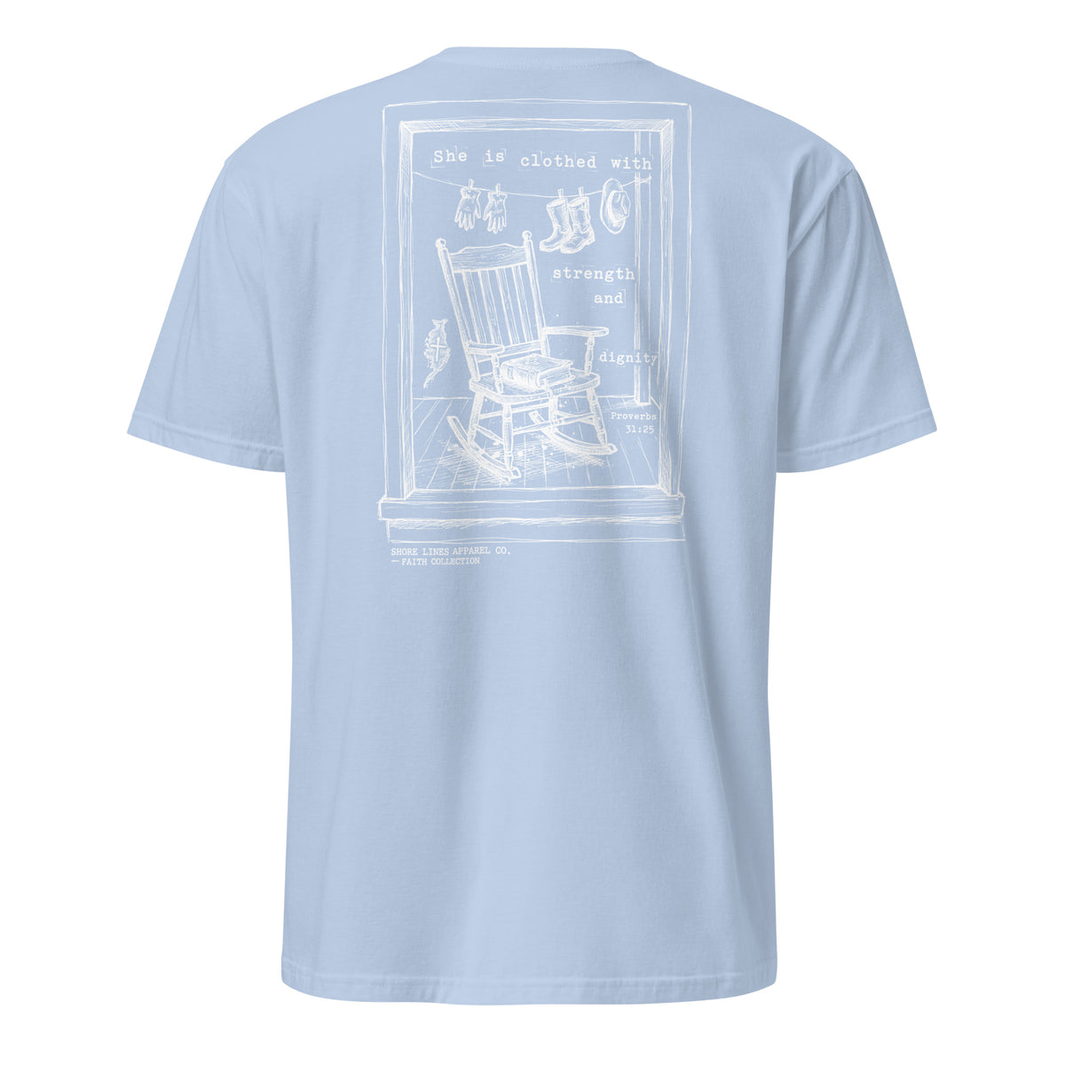 She is Clothed With Strength short sleeve tee in Light Blue, back view by Shore Lines Apparel Co.