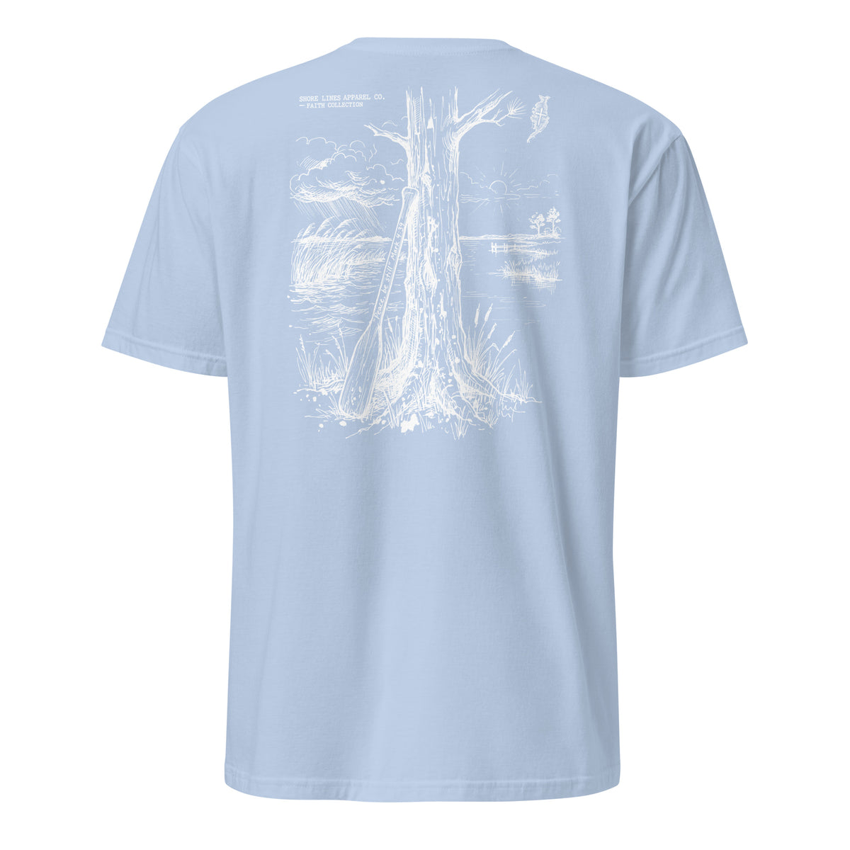 Be Still short sleeve tee in Light Blue, back view by Shore Lines Apparel Co.