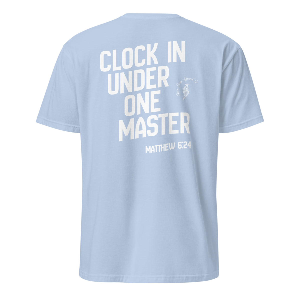 Clock in short sleeve tee in Light Blue, back view by Shore Lines Apparel Co.