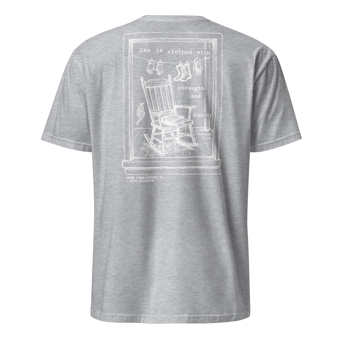 She is Clothed With Strength short sleeve tee in Sport Grey, back view by Shore Lines Apparel Co.