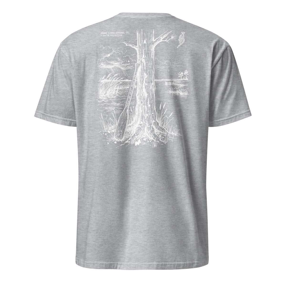 Be Still short sleeve tee in Sport Grey, back view by Shore Lines Apparel Co.