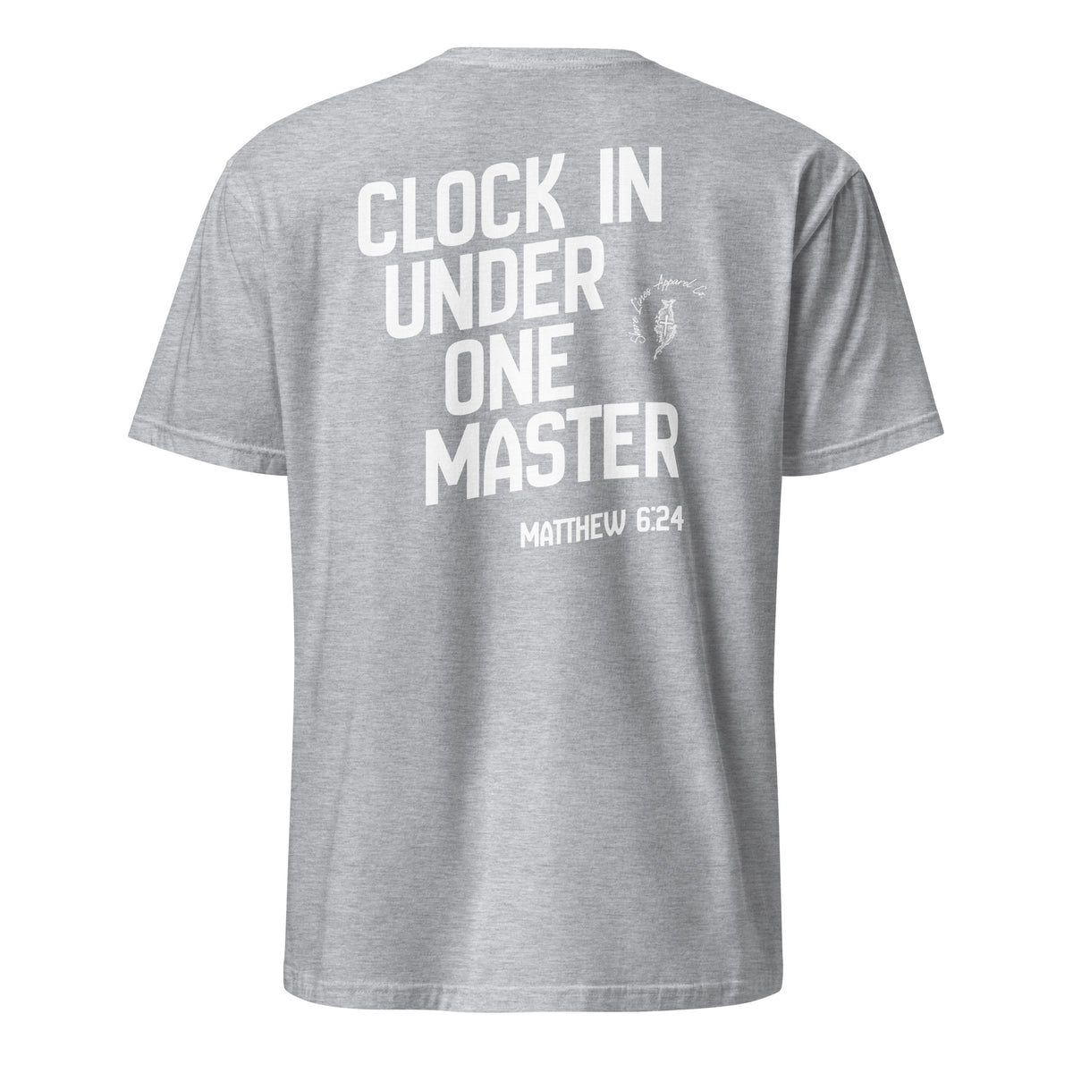 Clock in short sleeve tee in Sport Grey, back view by Shore Lines Apparel Co.