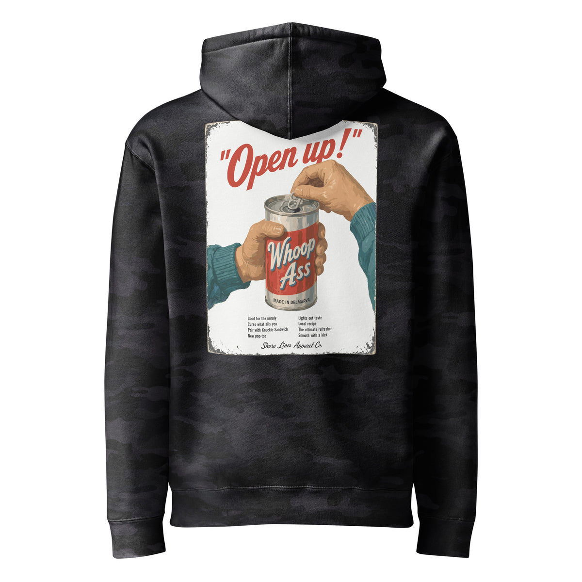 Whoop Ass Camo hoodie in Black Camo, back view by Shore Lines Apparel Co.