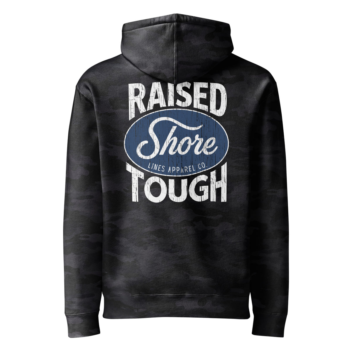 Raised Shore Tough Camo hoodie in Black Camo, back view by Shore Lines Apparel Co.