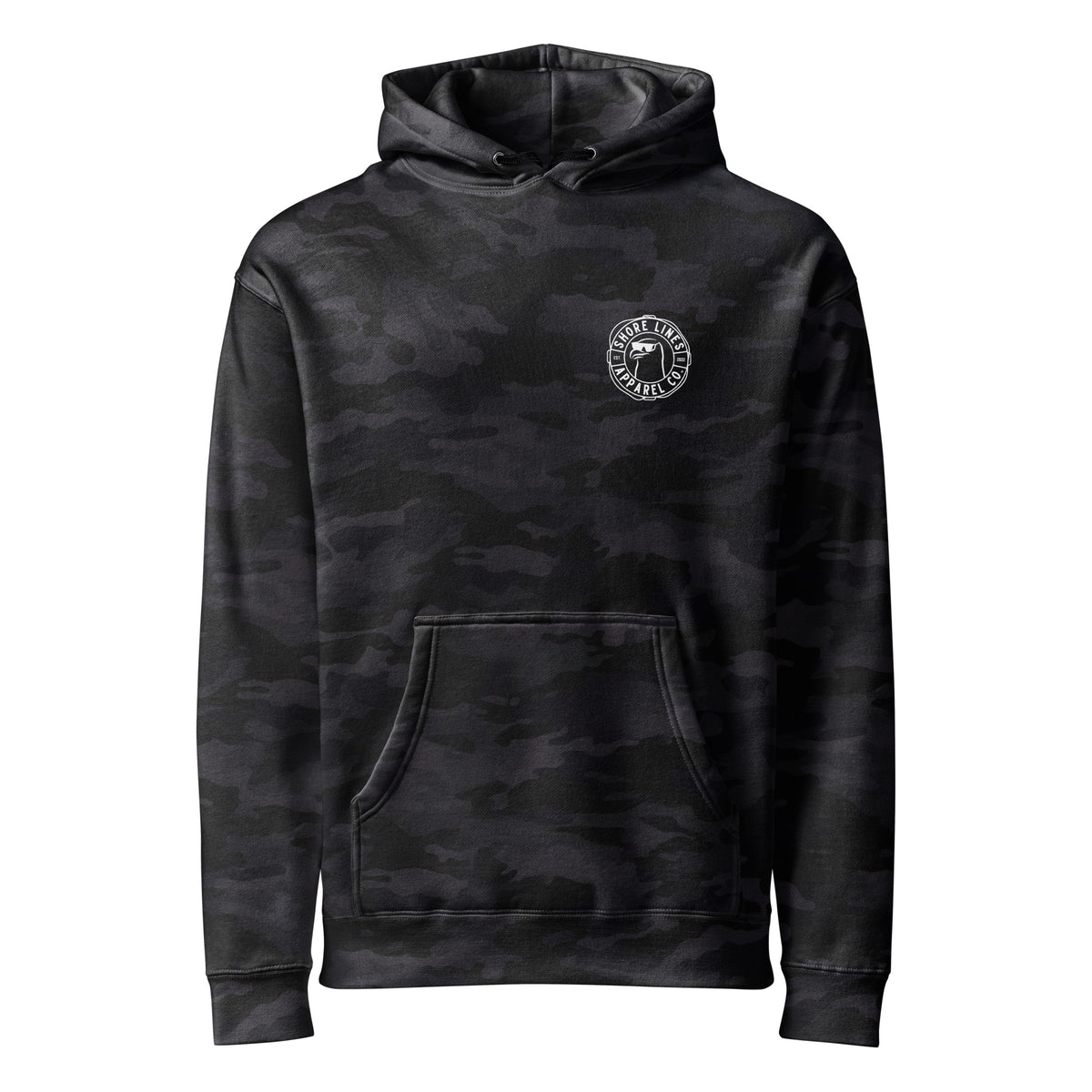 Whoop Ass Camo hoodie in Black Camo, front view by Shore Lines Apparel Co.