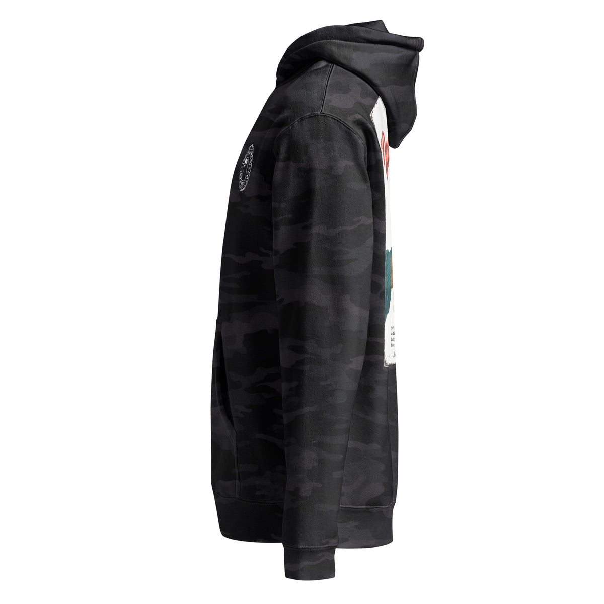 Whoop Ass Camo hoodie in Black Camo, side view by Shore Lines Apparel Co.