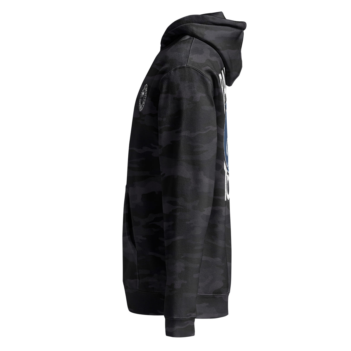 Raised Shore Tough Camo hoodie in Black Camo, side view by Shore Lines Apparel Co.