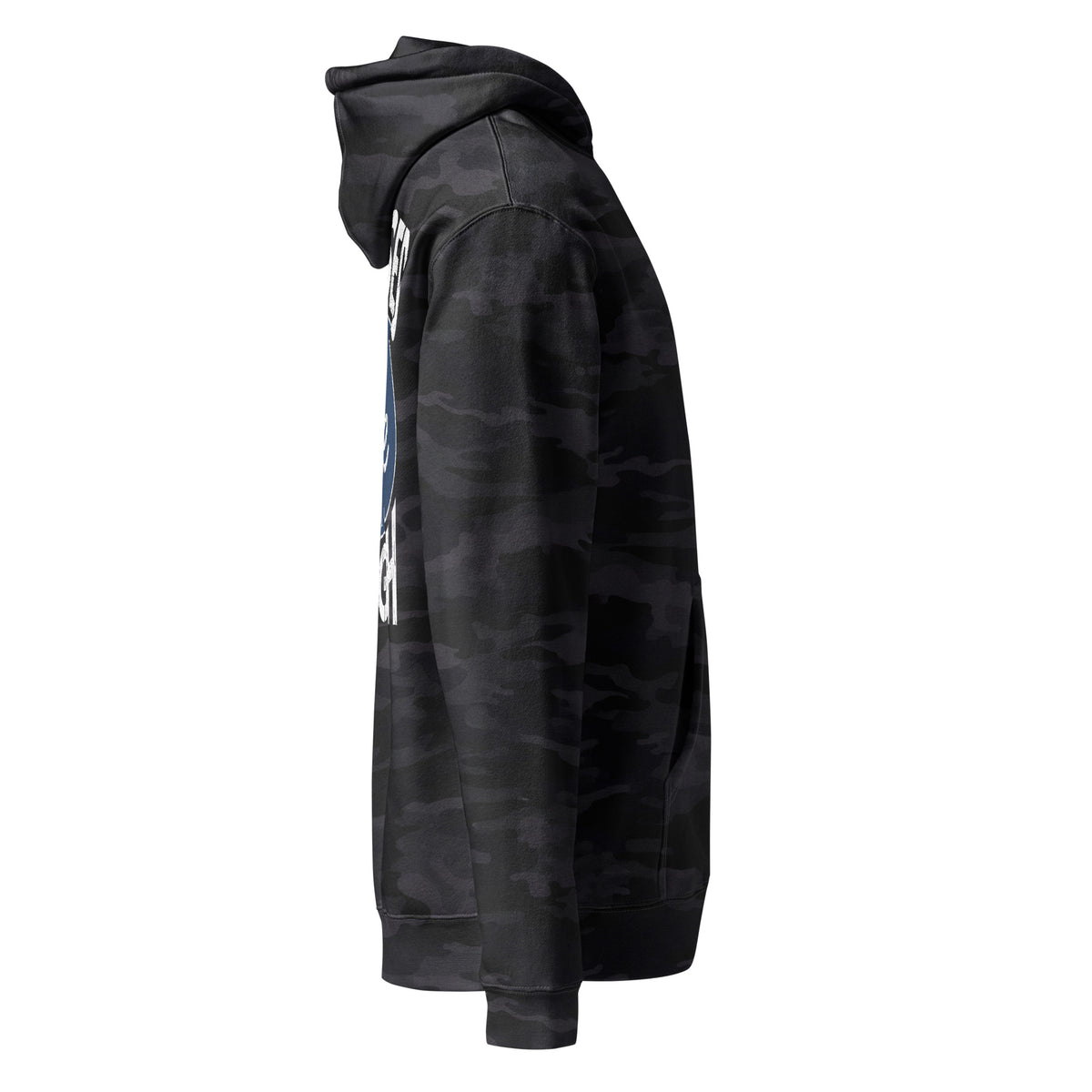 Raised Shore Tough Camo hoodie in Black Camo, side view by Shore Lines Apparel Co.