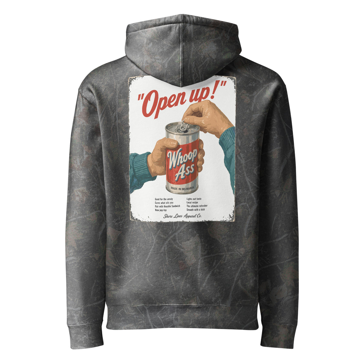 Whoop Ass Camo hoodie in Darkwood Tree Camo, back view by Shore Lines Apparel Co.