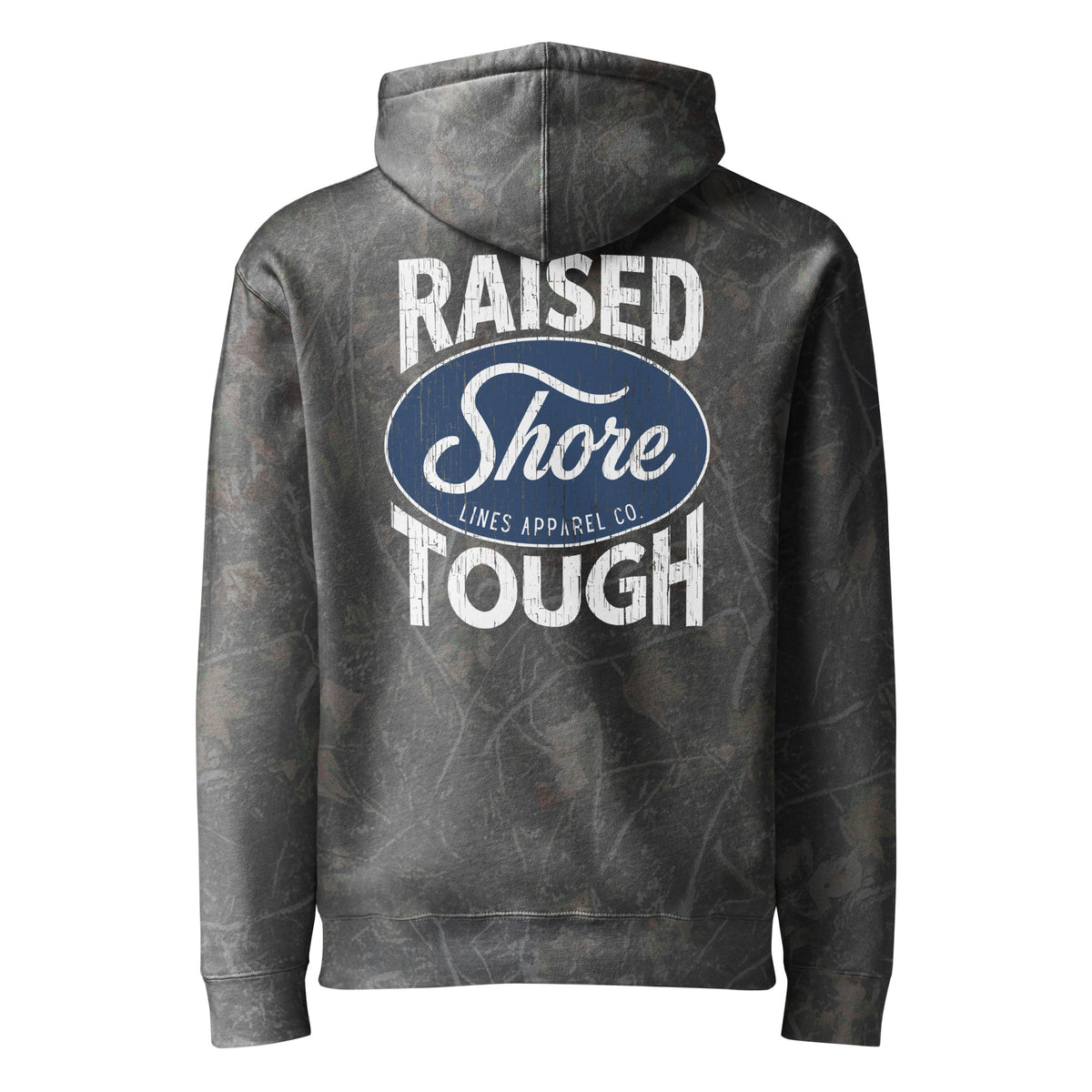 Raised Shore Tough Camo hoodie in Darkwood Tree Camo, back view by Shore Lines Apparel Co.