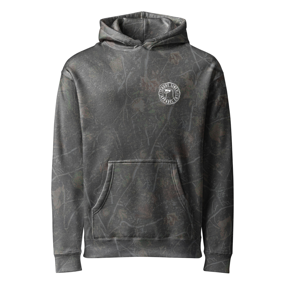 Whoop Ass Camo hoodie in Darkwood Tree Camo, front view by Shore Lines Apparel Co.