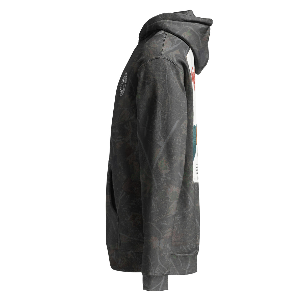 Whoop Ass Camo hoodie in Darkwood Tree Camo, side view by Shore Lines Apparel Co.
