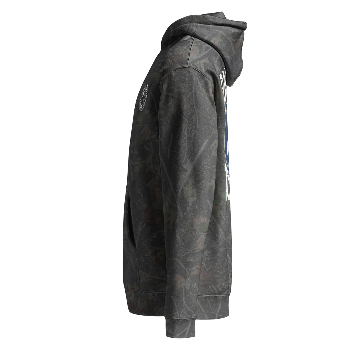 Raised Shore Tough Camo hoodie in Darkwood Tree Camo, side view by Shore Lines Apparel Co.