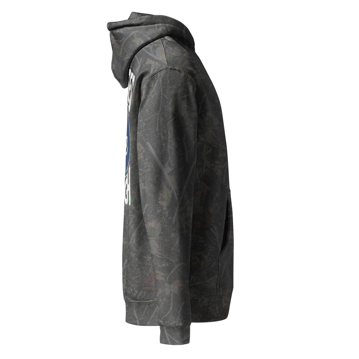 Raised Shore Tough Camo hoodie in Darkwood Tree Camo, side view by Shore Lines Apparel Co.